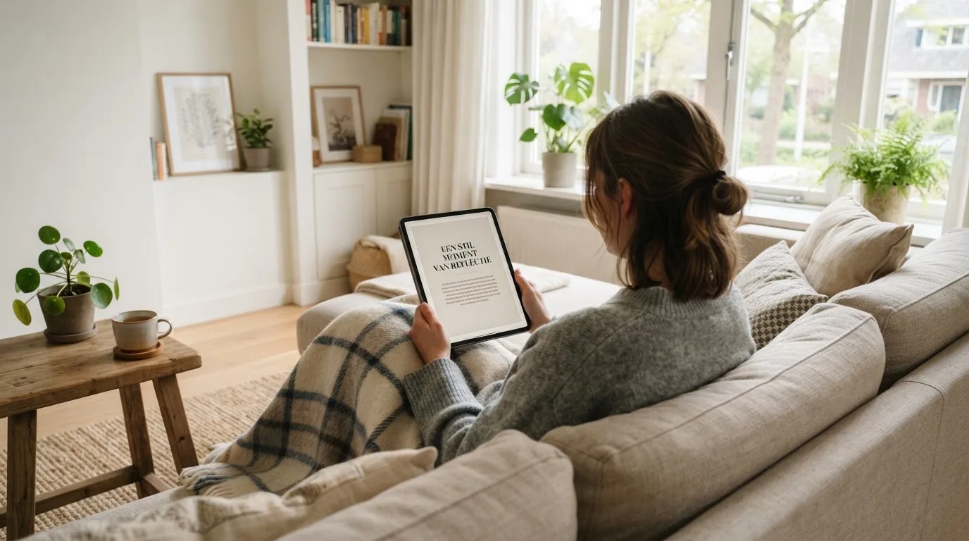 Iemand bekijkt ontspannen een tablet op de bank in een lichte woonkamer, met een plaid over de knieën.