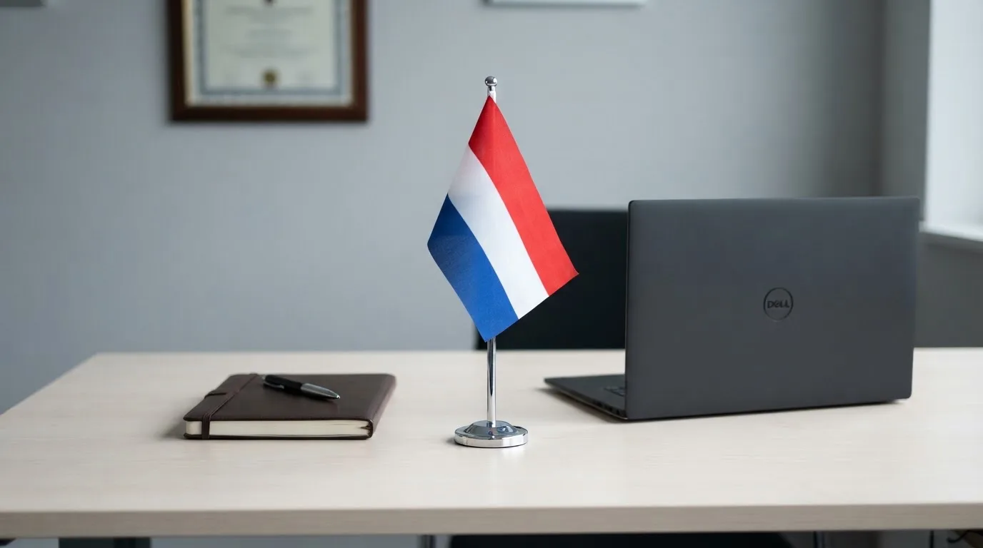 Een kantoorbureau met een Nederlandse vlag op een voetstuk naast een dichte laptop.