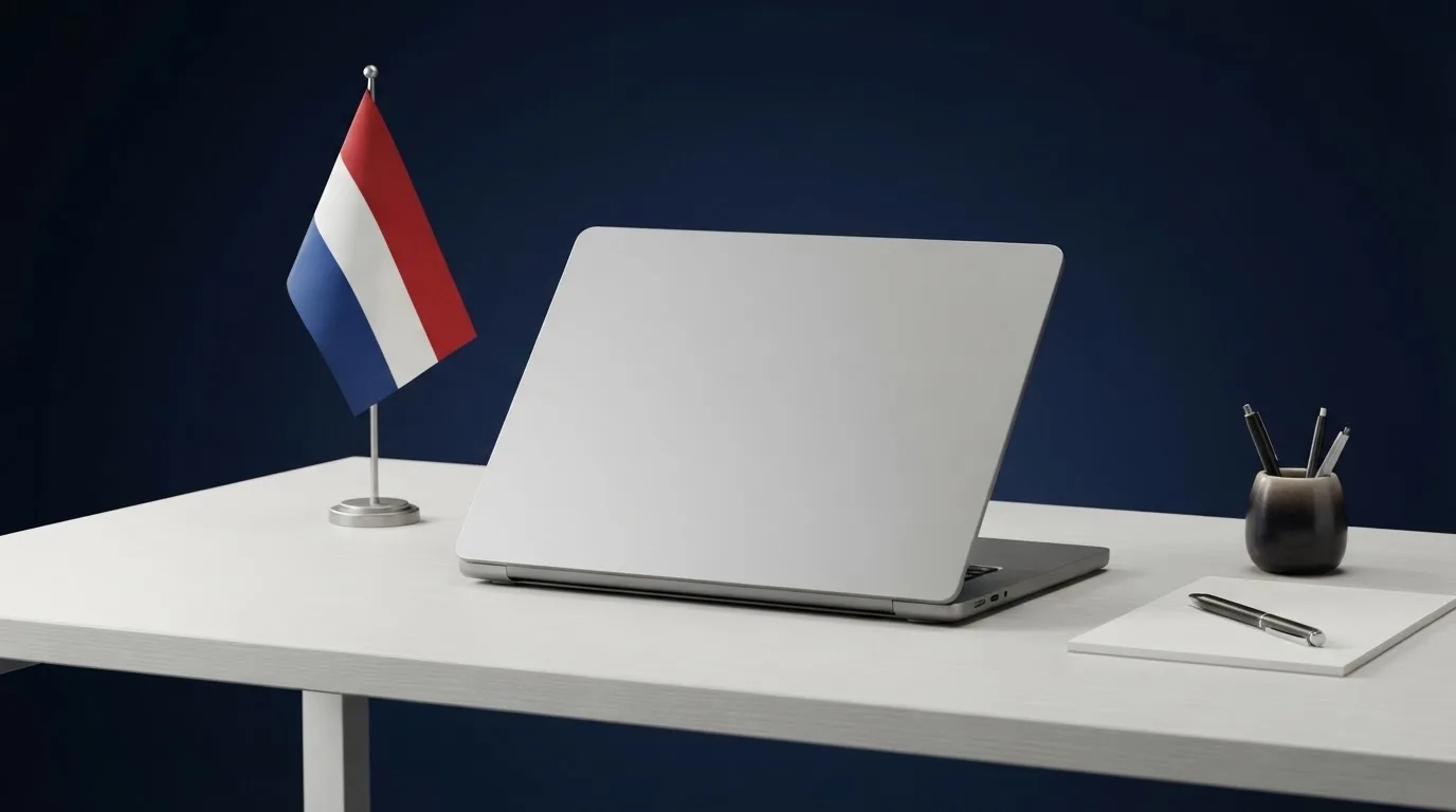 Een kantoorbureau met een Nederlandse vlag op een voetstuk naast een gesloten laptop.