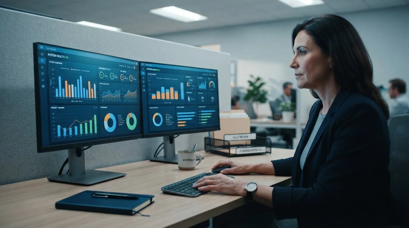 Een medewerker van een toezichthoudende instantie werkt achter een bureau met meerdere monitoren in een professioneel kantoor.