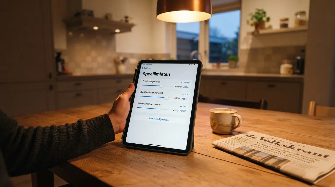 Een persoon bekijkt rustig instellingen voor speellimieten op een tablet aan een keukentafel in de avond.