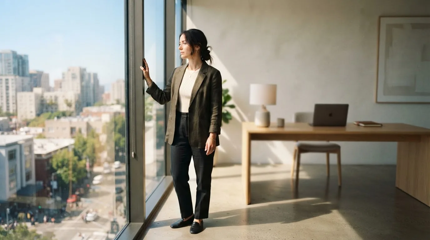 Twee collega's overleggen staand bij een raam in een modern kantoor tijdens een zonnige ochtend.
